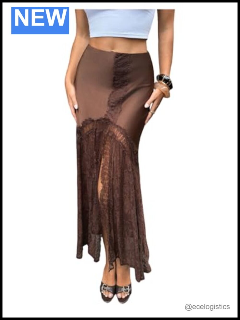 Women's Lace High Slit Flowy Long Skirt Ruffle Hem Low Rise